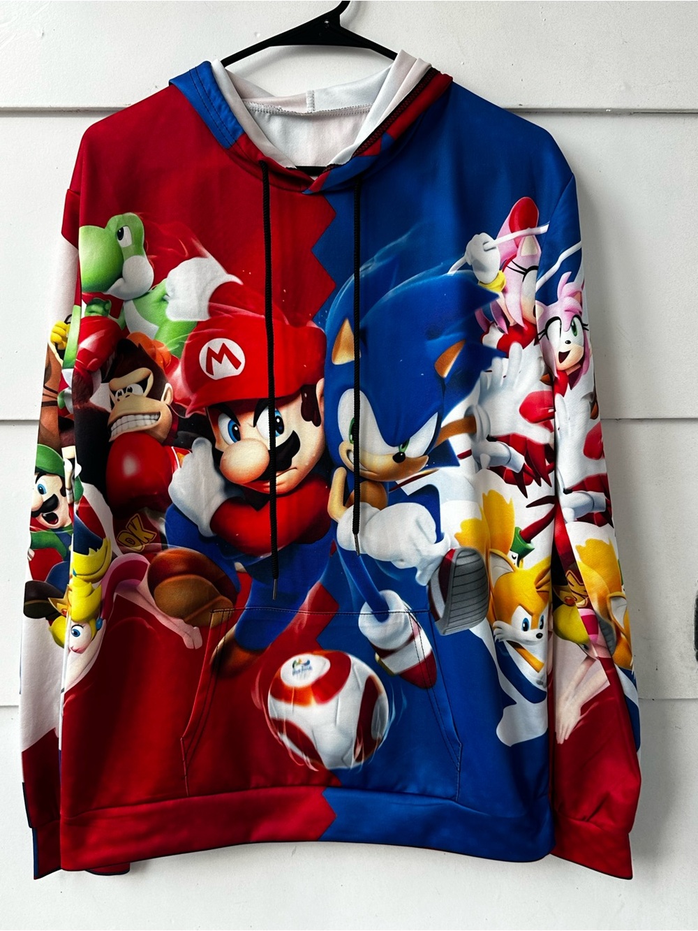 Kids Mario & Sonic Split-Color Hoodie - Red & Blue Character Print